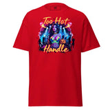 Red graphic t-shirt.