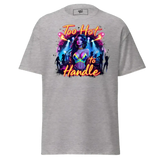 Gray t-shirt with ’Too Hot to Handle’ graphic.