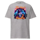 Gray t-shirt with ’Too Hot to Handle’ graphic.