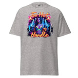 Gray t-shirt with a ’Too Hot to Handle’ graphic.