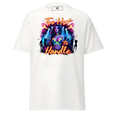 White t-shirt with ’Too Hot to Handle’ graphic.
