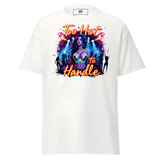 White t-shirt with ’Too Hot to Handle’ graphic.