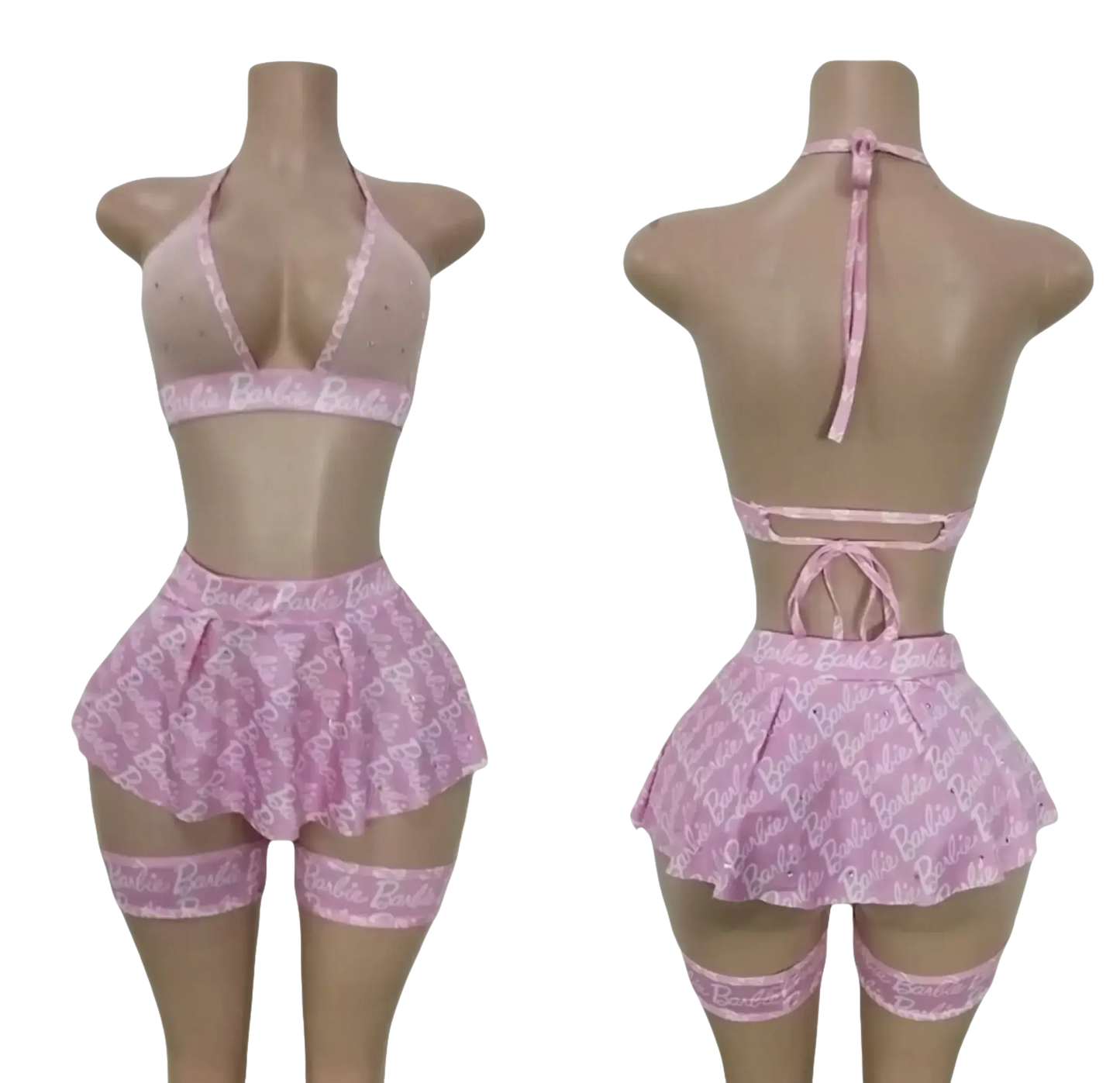 Pink halter top and pleated skirt set.