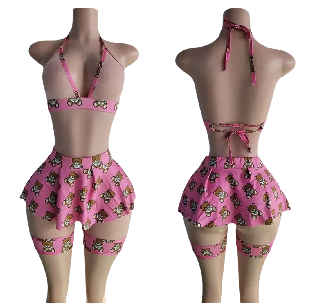 Pink teddy bear print lingerie set.