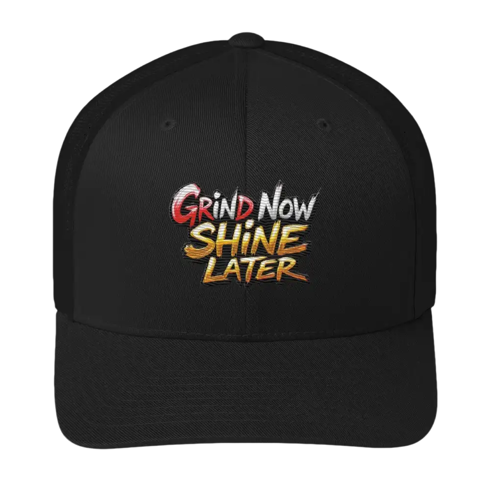 Black baseball cap with embroidered text.