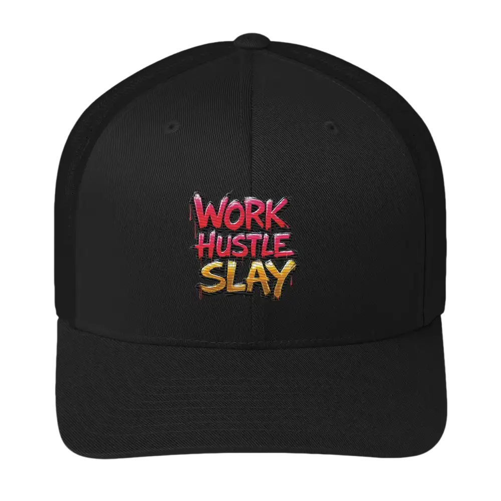 Black baseball cap with embroidered text.