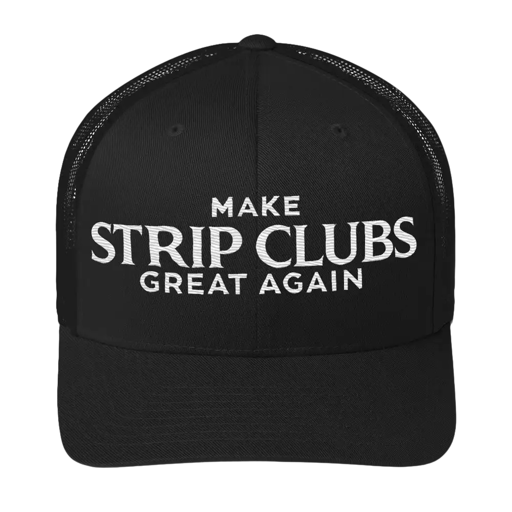 Black trucker hat with embroidered slogan.