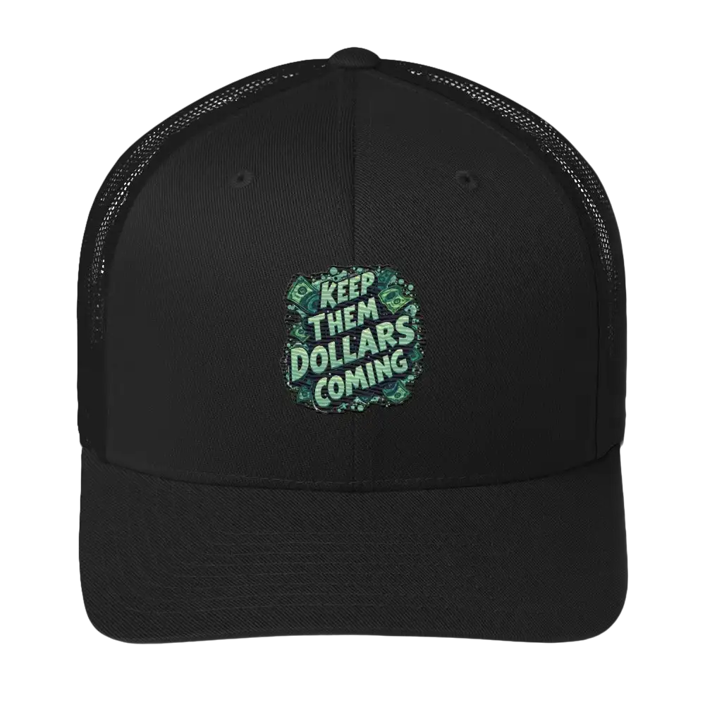 Black trucker hat with money-themed graphic.