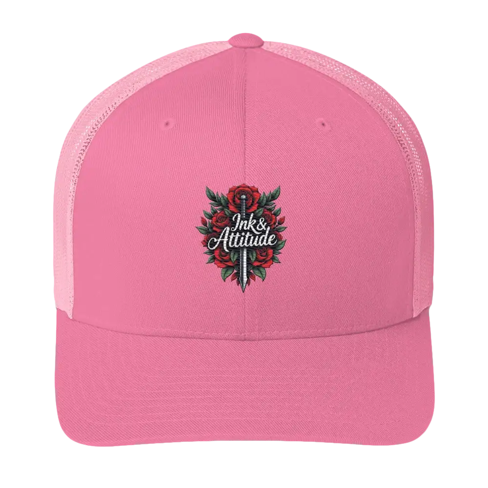 Pink trucker hat.