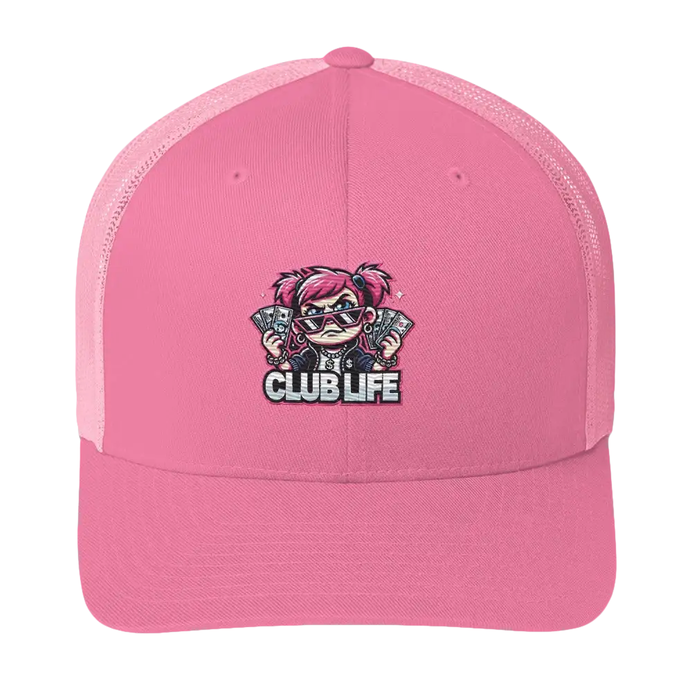 Pink trucker hat.