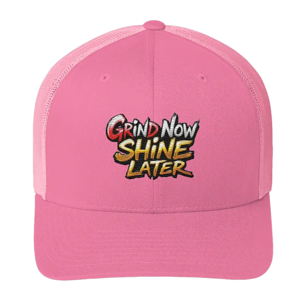 Pink trucker hat with embroidered slogan.