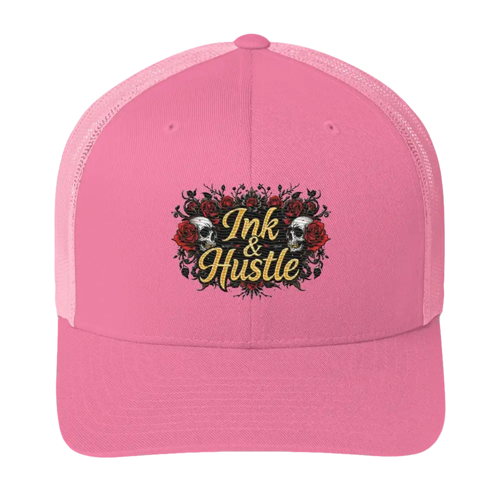 Pink trucker hat with ’Ink & Hustle’ design.