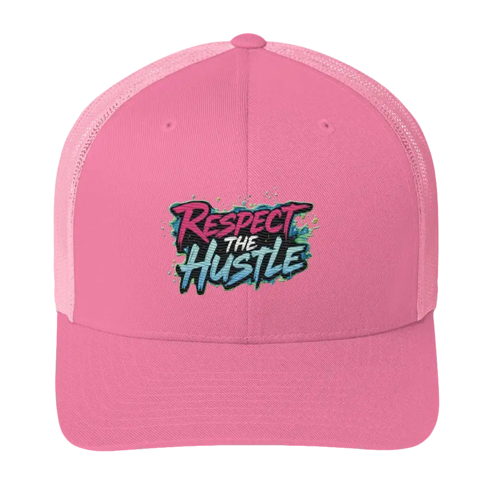 Pink trucker hat with ’Respect the Hustle’ design.