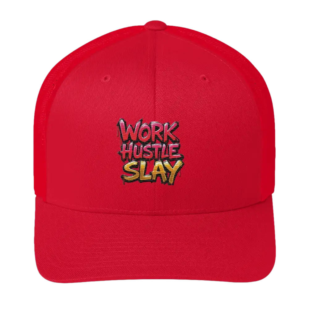 Red baseball cap with embroidered text.