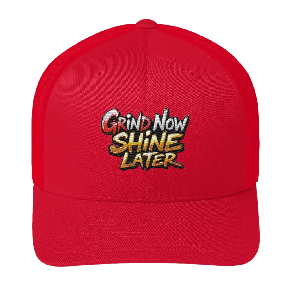 Red baseball cap with embroidered text.