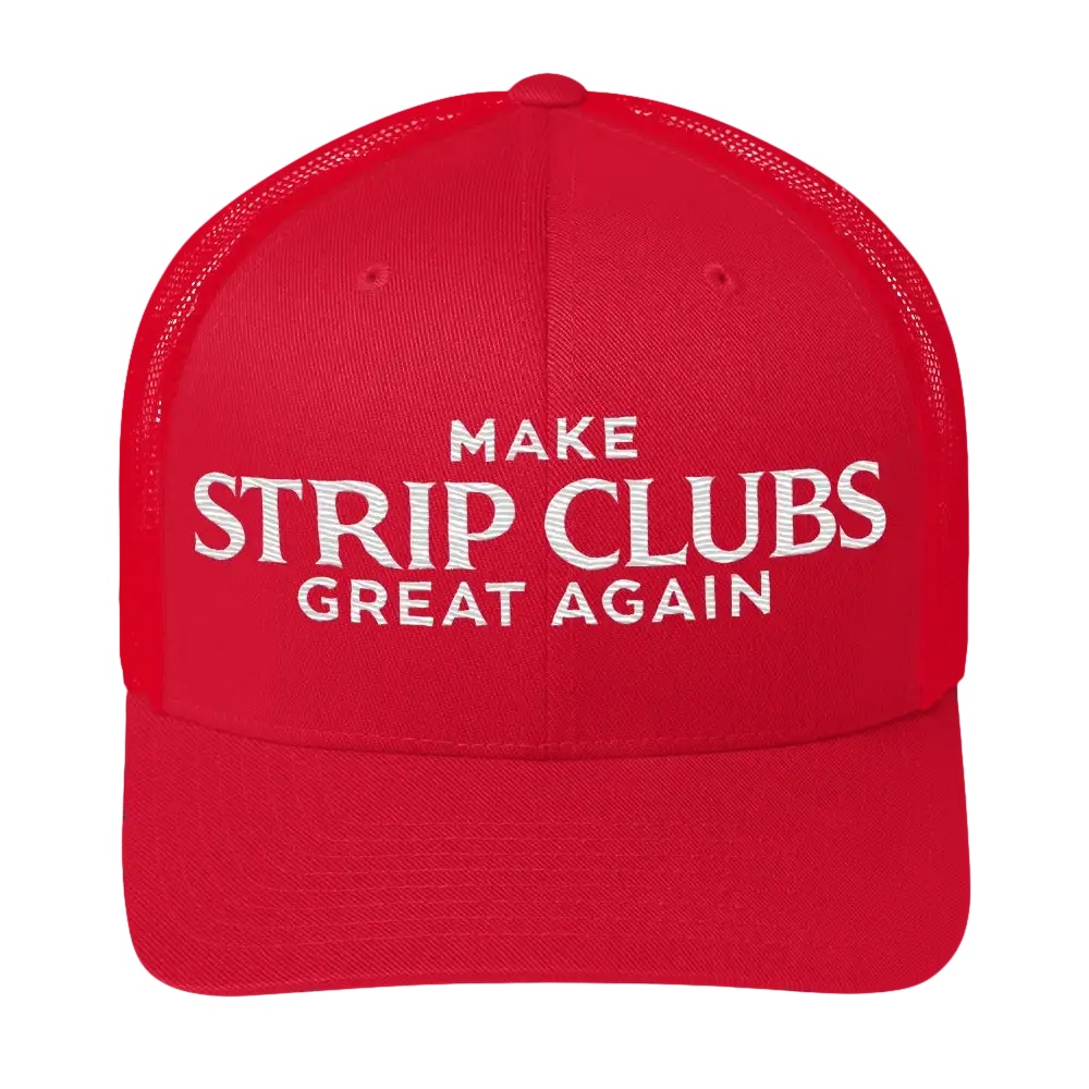 Red trucker hat with white text.