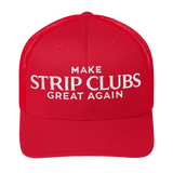 Red trucker hat with white text.