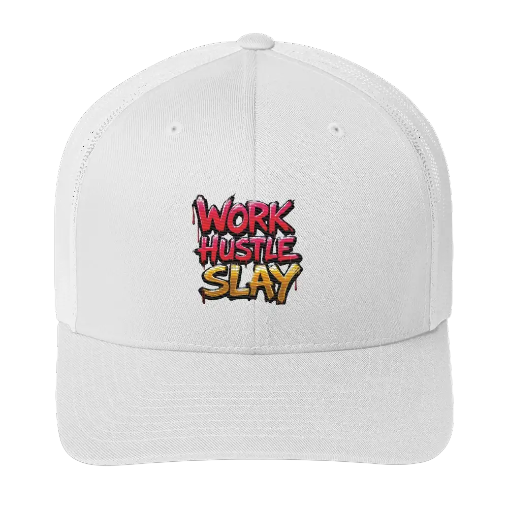 White trucker hat with embroidered slogan.