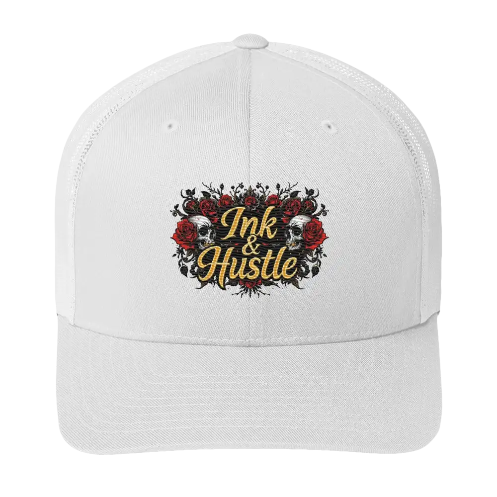 White trucker hat with ’Ink & Hustle’ design.