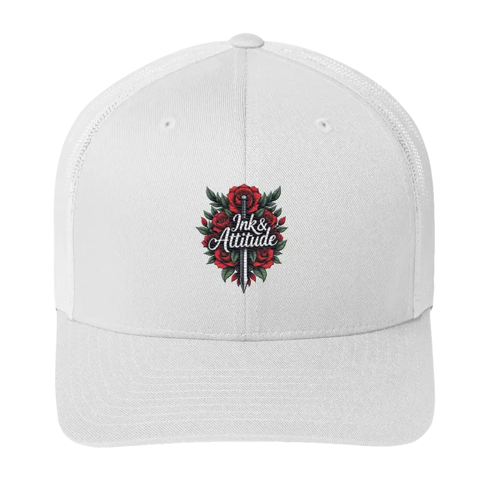 White trucker hat with logo.