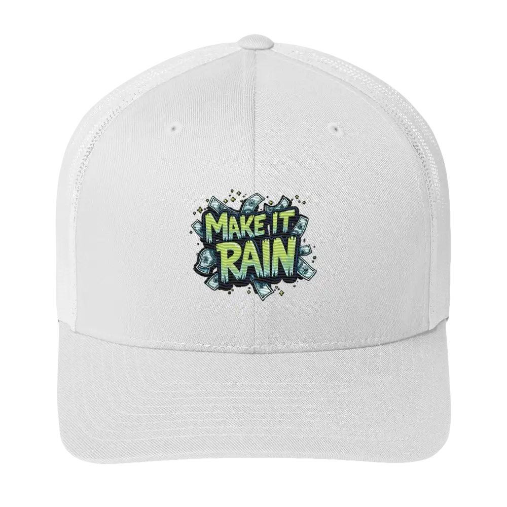 White trucker hat with ’Make It Rain’ graphic.