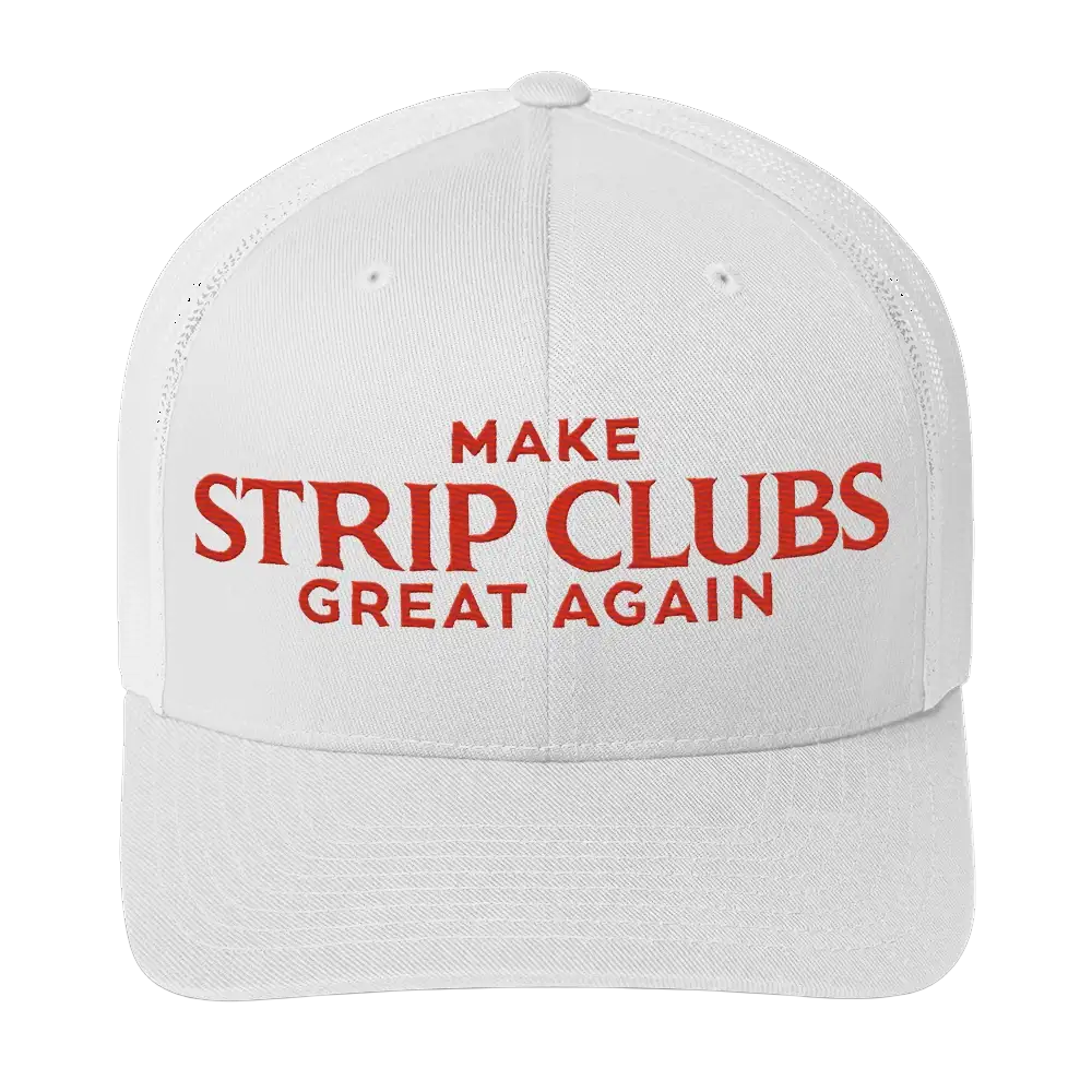 White trucker hat with red text.