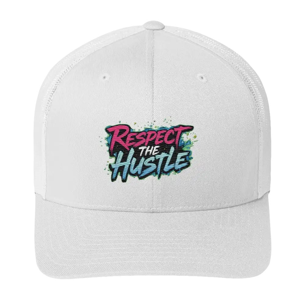 White trucker hat with ’Respect the Hustle’ graphic.