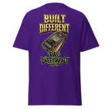 'Built Different Pay Different' graphic t-shirt.