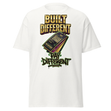 'Built Different Pay Different' graphic t-shirt.