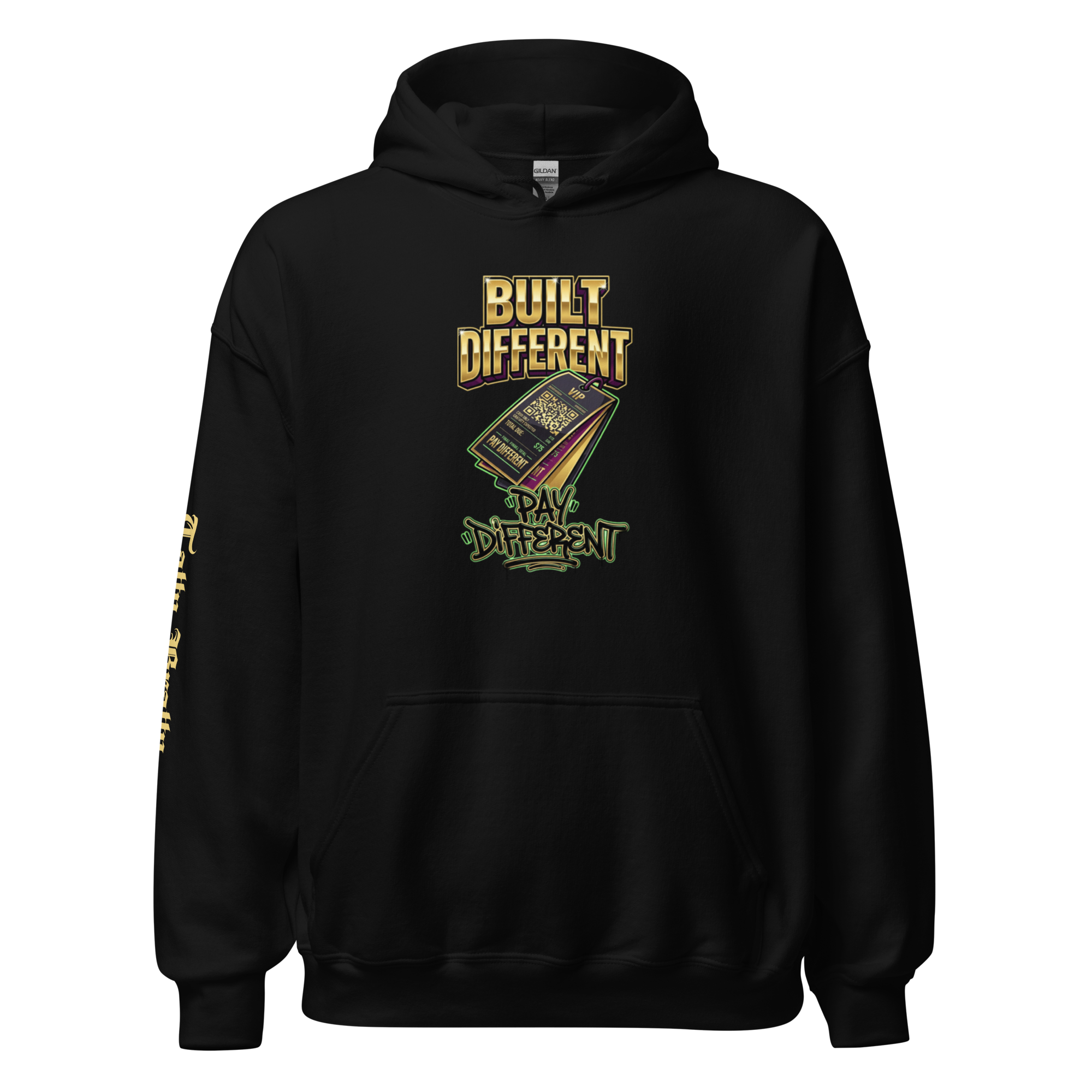 Black 'Built Different Pay Different' hoodie for hustlers.