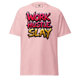 Pink t-shirt with ’Work Hustle Slay’ graphic.
