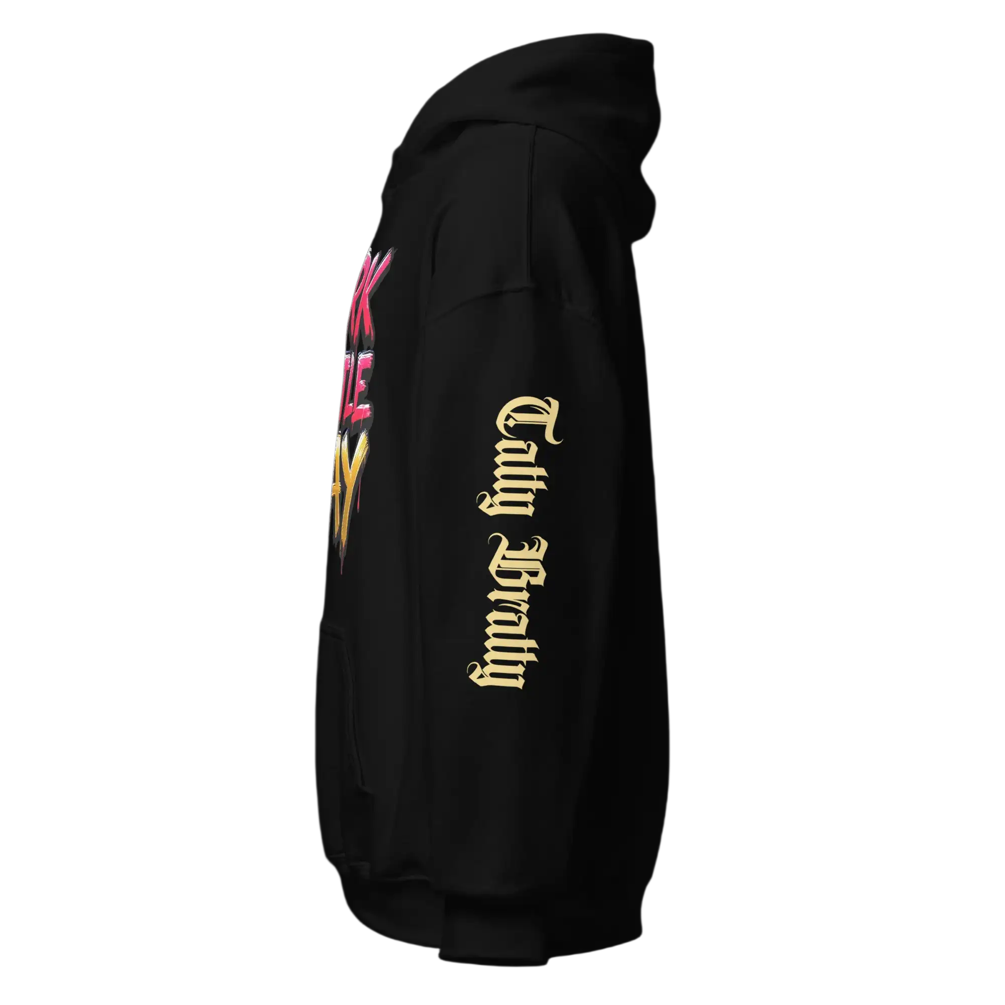 Black hoodie with graphic print.