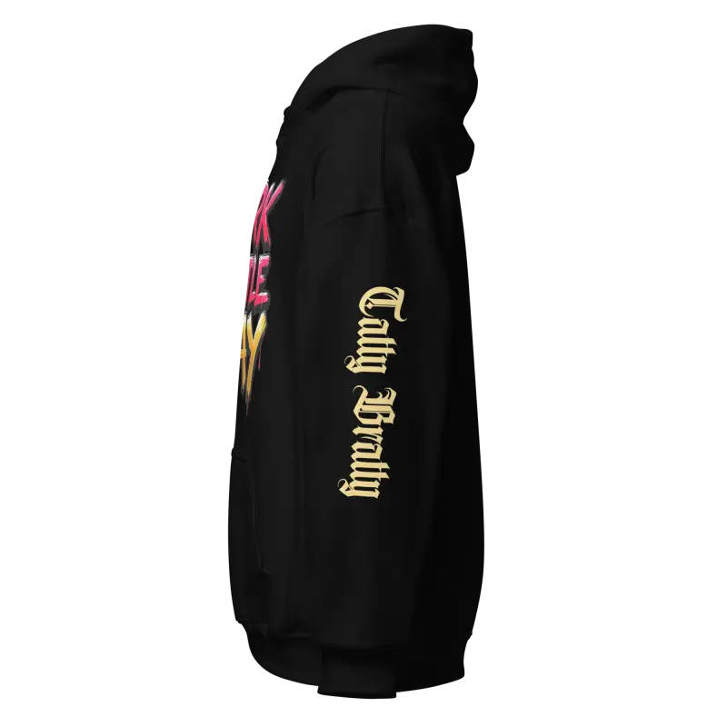 Black hoodie with graphic print.