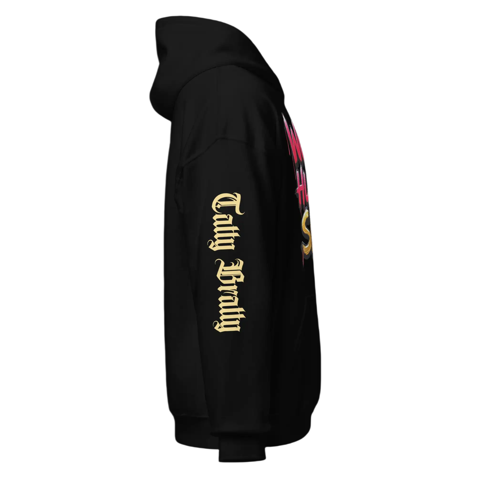 Black hoodie with sleeve text.