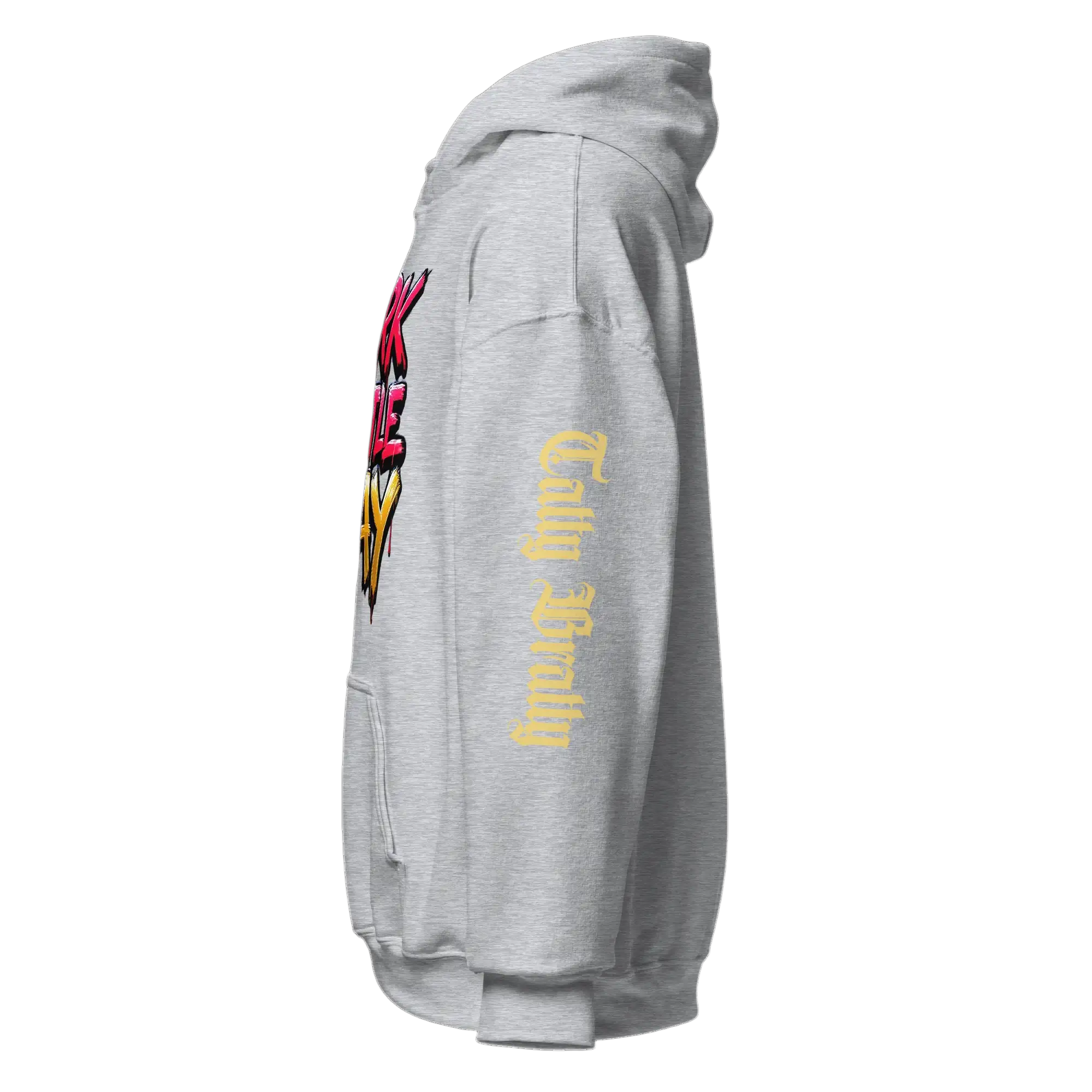 Gray hooded sweatshirt.