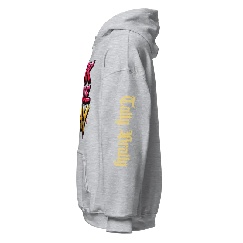 Gray hooded sweatshirt.