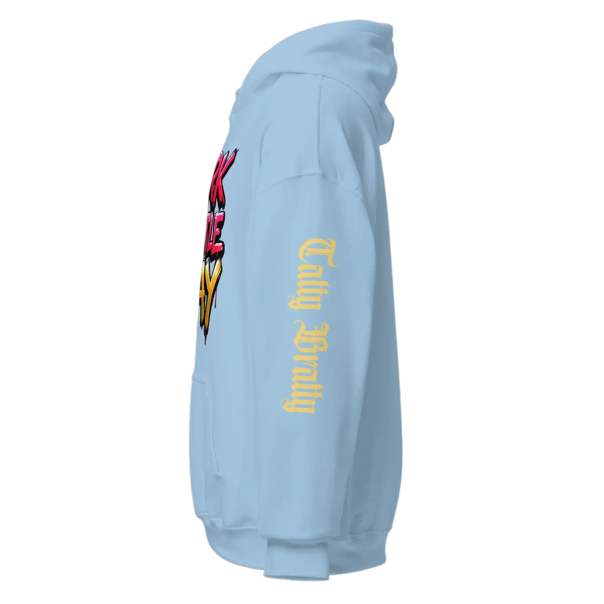 Light blue hoodie.
