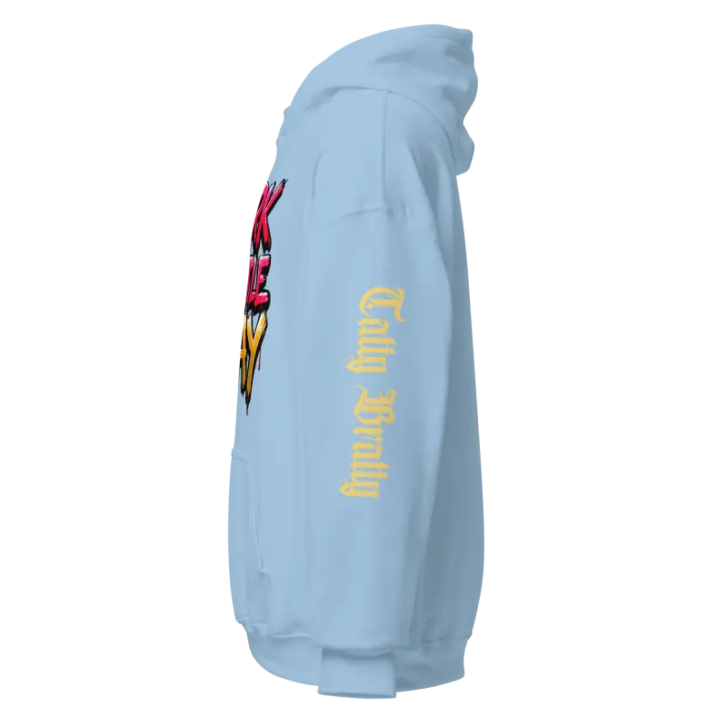 Light blue hoodie.