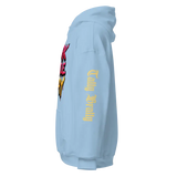 Light blue hoodie.