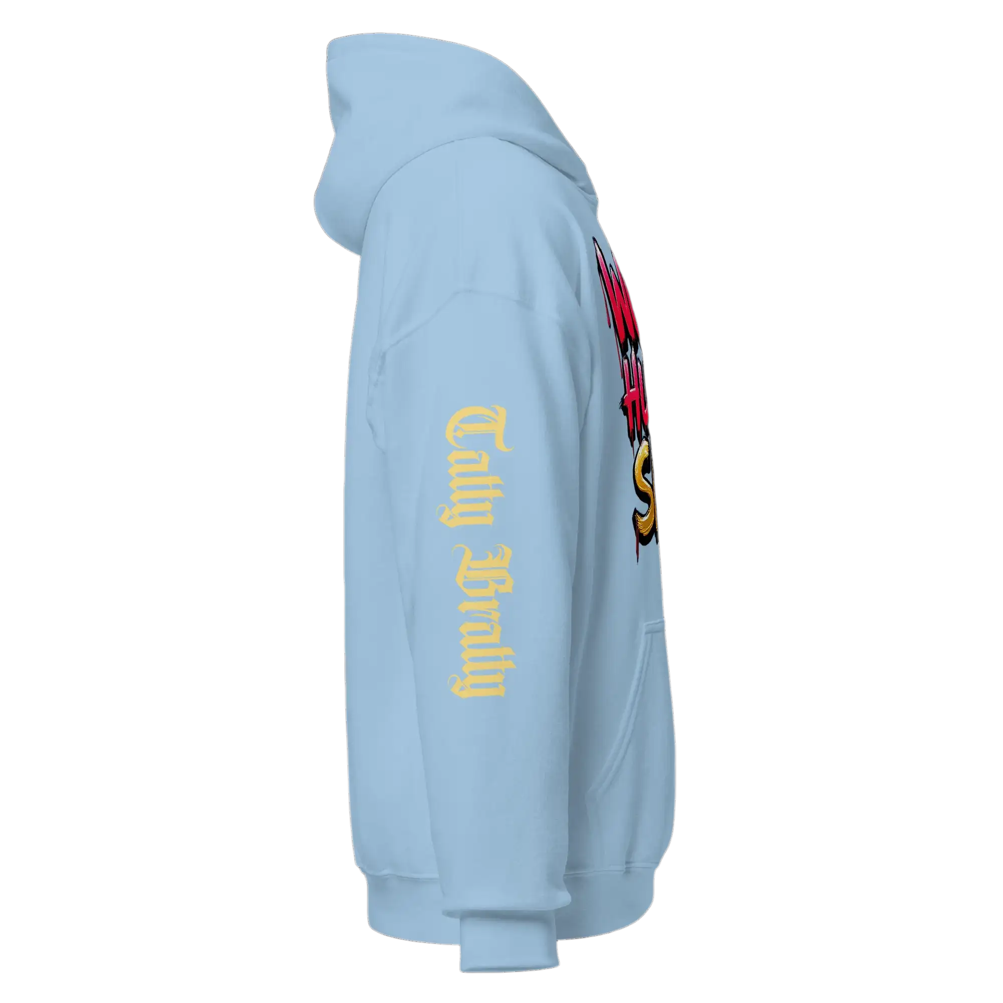 Light blue hooded sweatshirt.