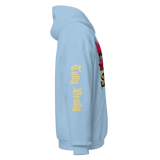 Light blue hooded sweatshirt.