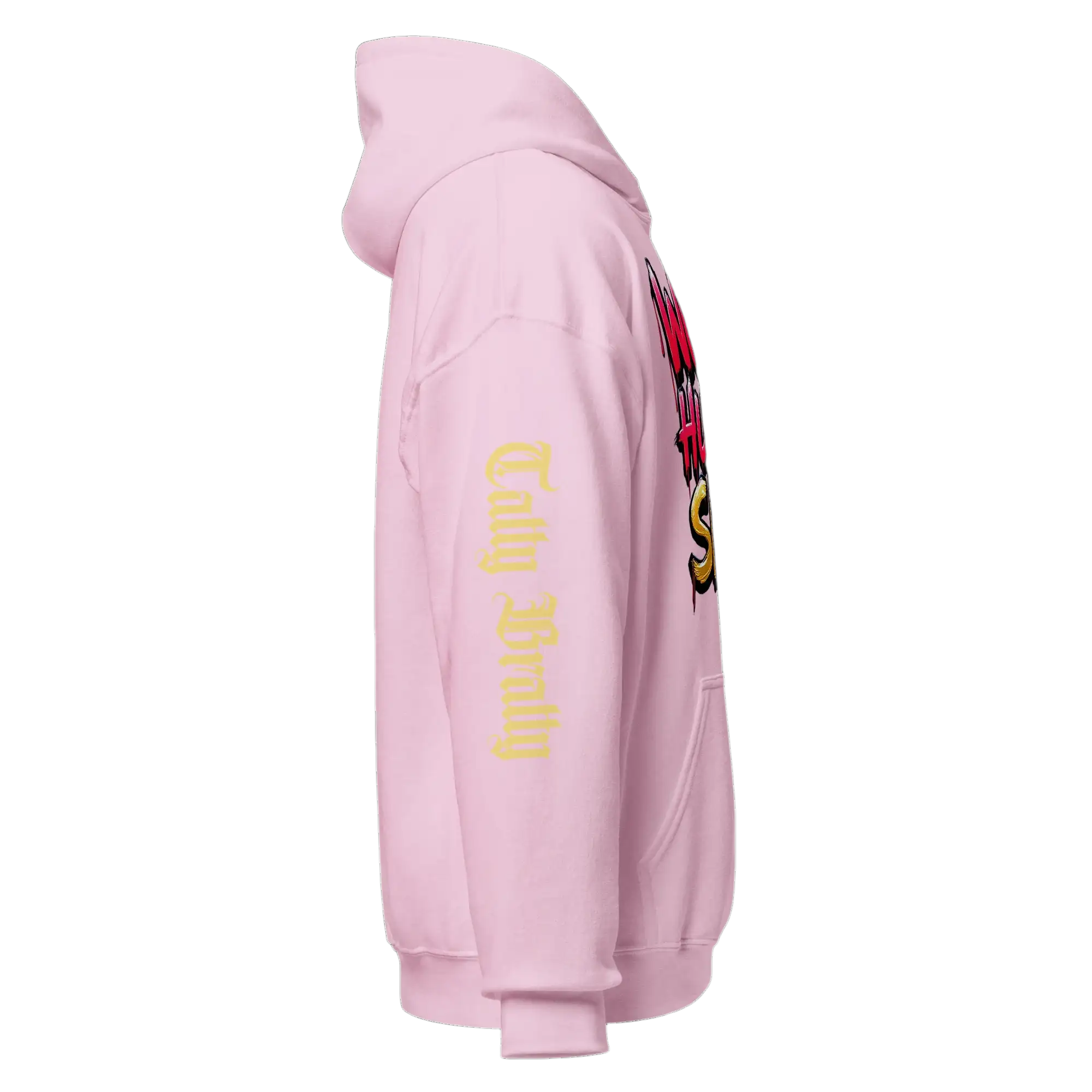 Pink hoodie with graphic design.