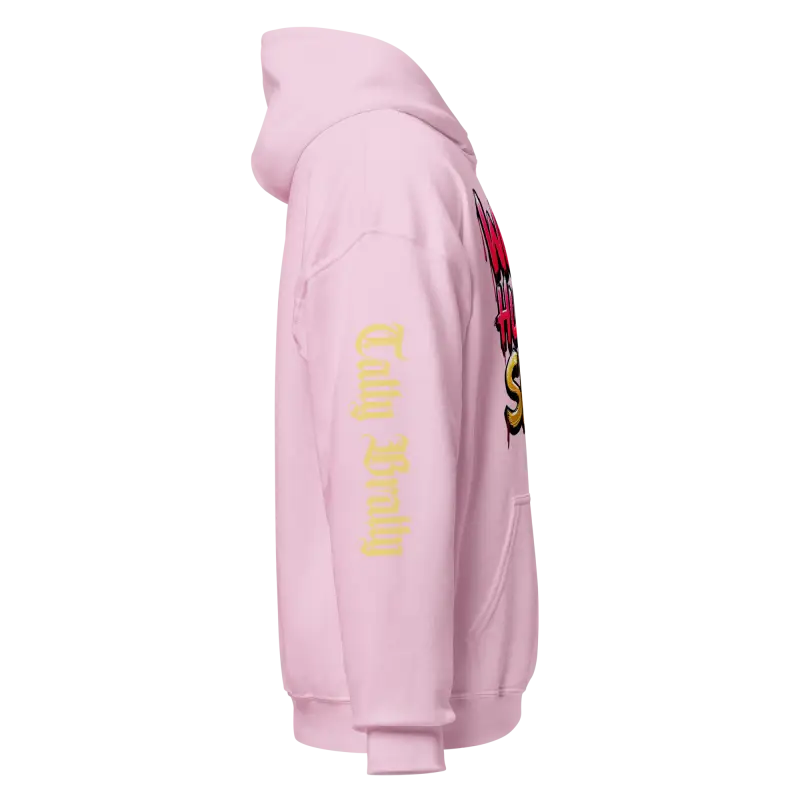 Pink hoodie with graphic design.