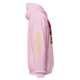 Pink hoodie with graphic design.