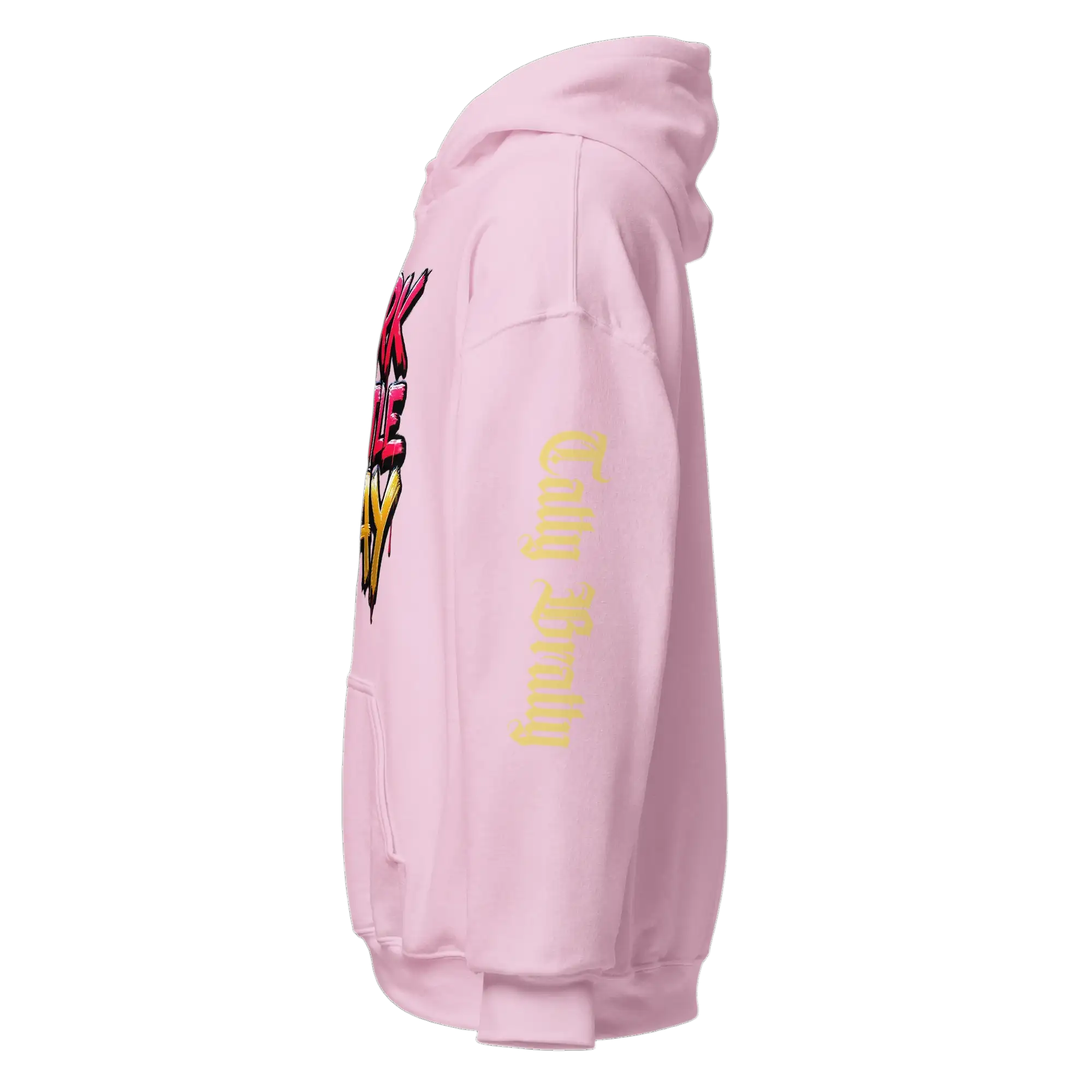 Pink hoodie with graphic design.