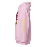 Pink hoodie with graphic design.