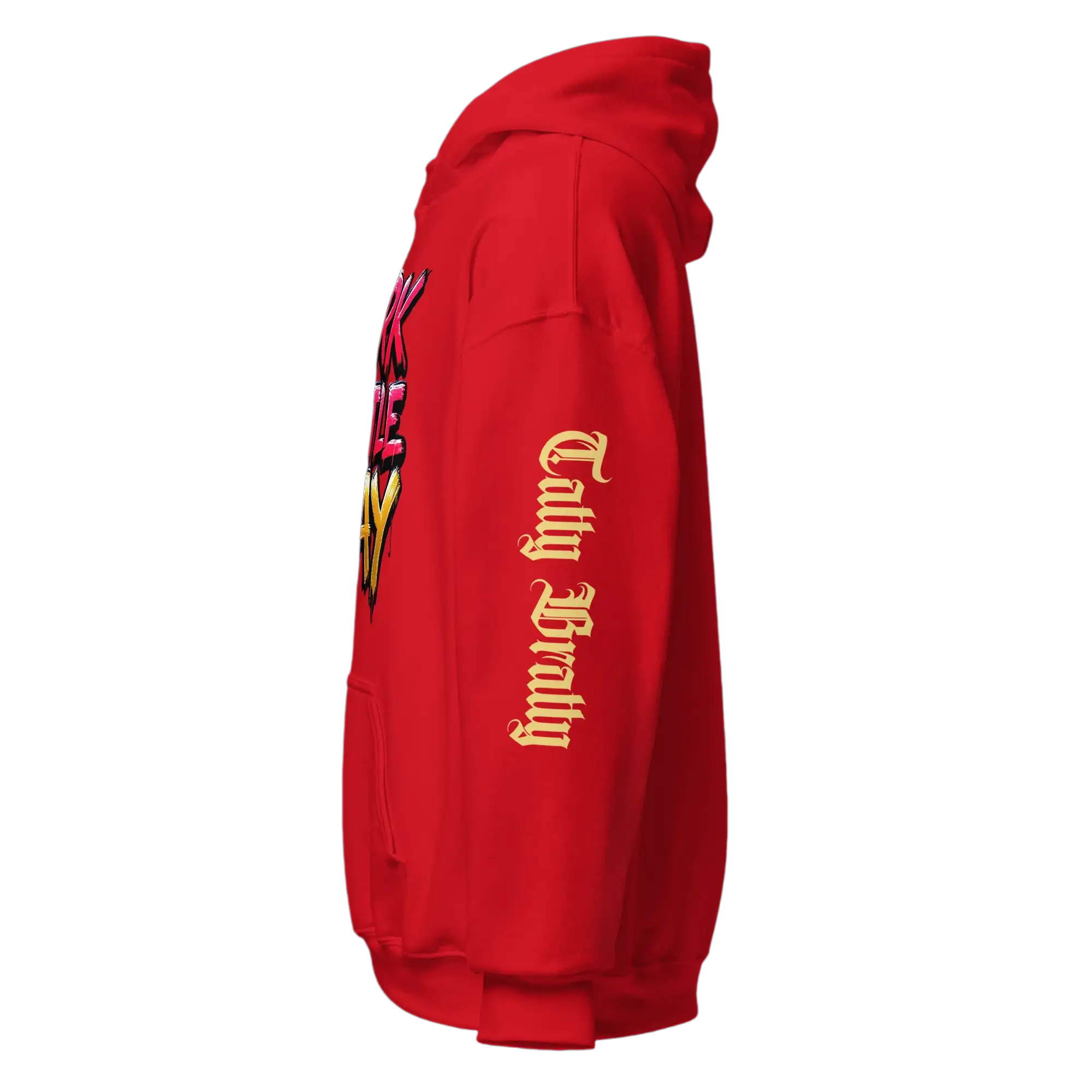 Red hoodie with sleeve text.