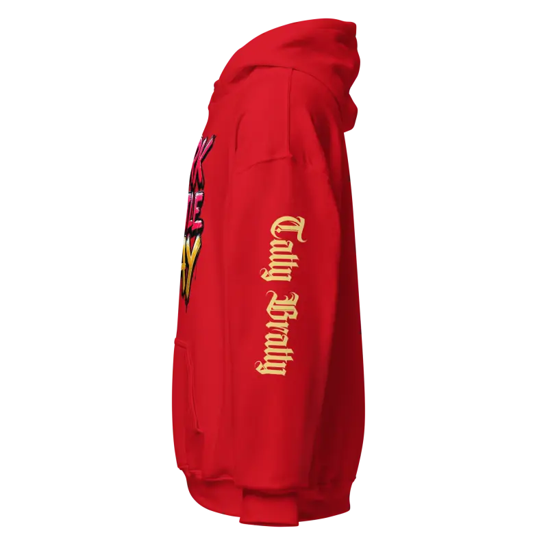 Red hoodie with sleeve text.