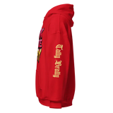 Red hoodie with sleeve text.