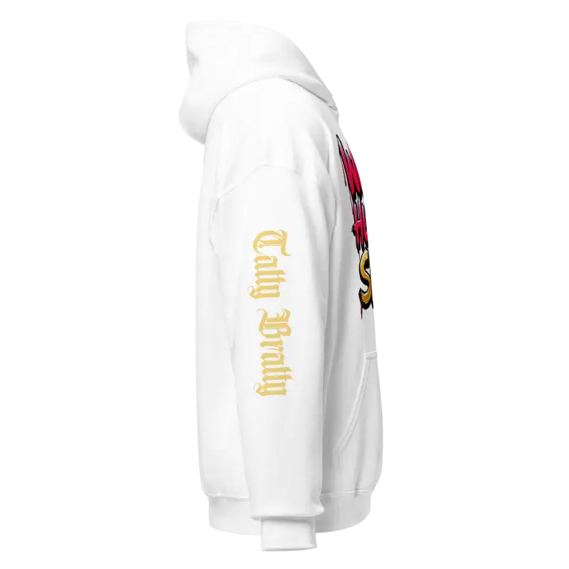 White hoodie with graphic design.